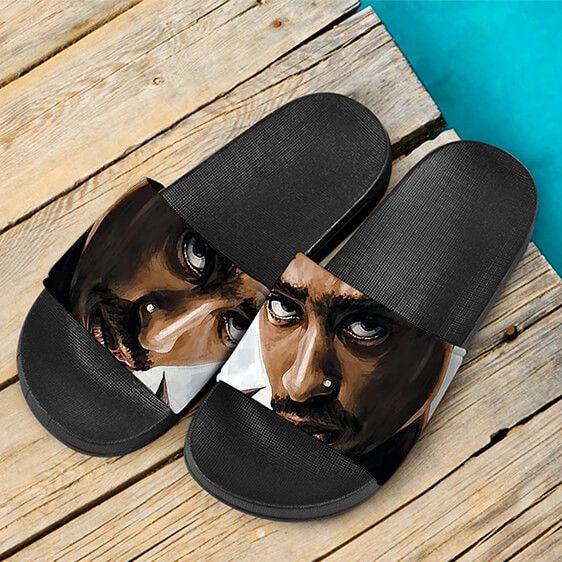 2Pac Amaru Shakur Serious Stare Painting Badass Slide Sandals