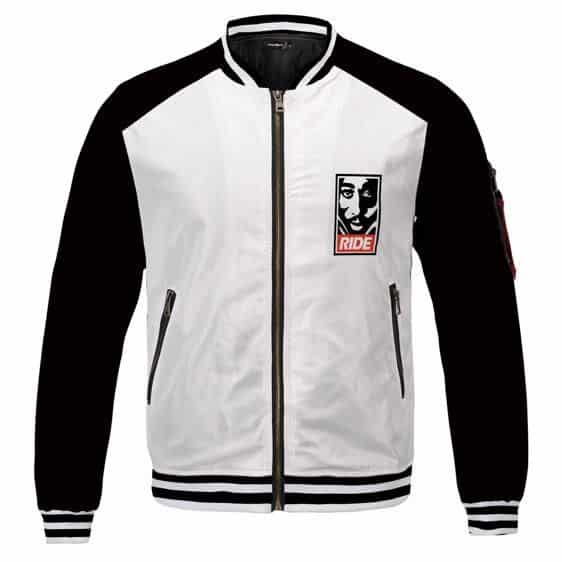 2Pac Shakur Ride Silhouette Face Black & White Varsity Jacket Back