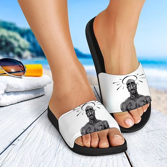 Angel Tupac Amaru Shakur Tribute Art White Slide Sandals