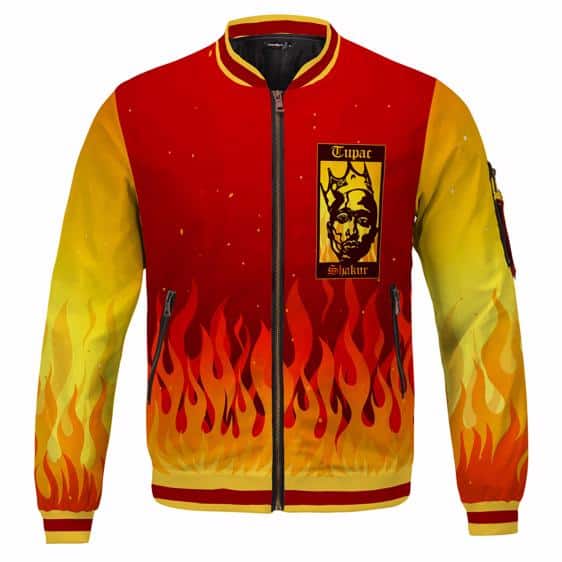 Tupac Shakur Face Logo Flame Pattern Thug Life Varsity Jacket