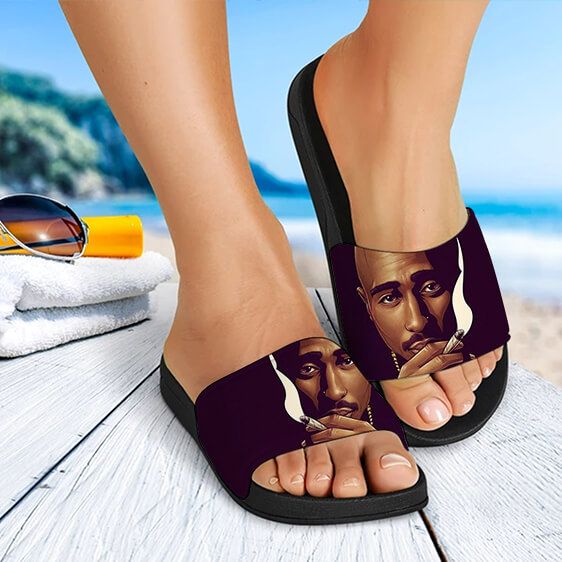 Hip-Hop Rapper 2Pac Shakur Smoking Dope Slide Sandals