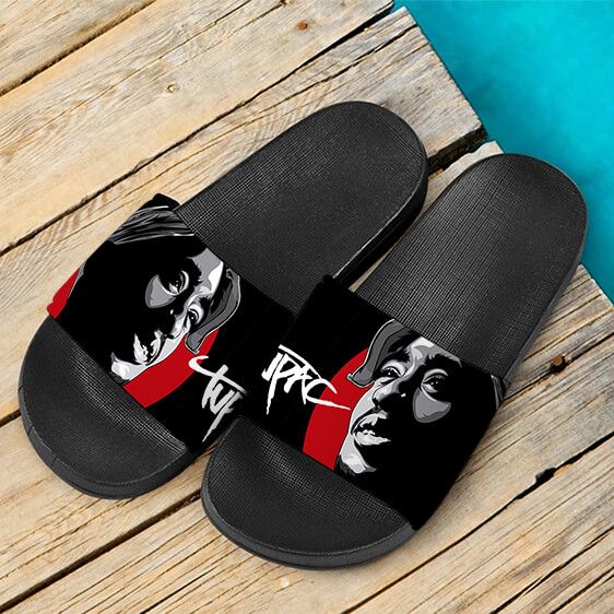 Smiling Tupac Shakur Tribute Art Black Red Slide Sandals