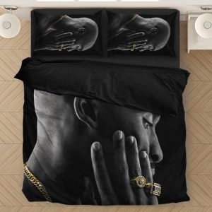 Tupac Shakur Side View Wearing Gold Bling Black Bedding Set
