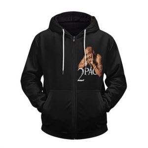 Vintage 2Pac Shakur Portrait Artwork Black Zip Up Hoodie