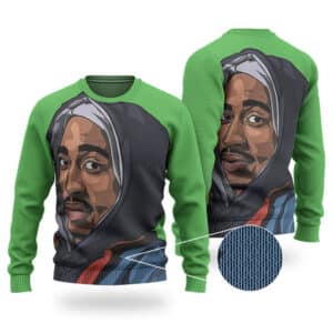2Pac Shakur Face Portrait Artwork Green Wool Sweatshirt
