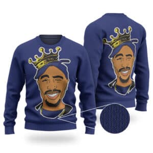 Crowned Tupac Cartoon Head Royal Blue Wool Sweatshirt