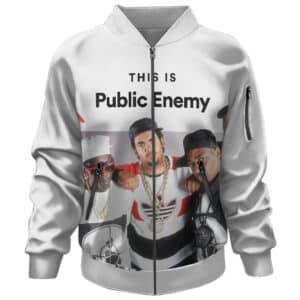This is Public Enemy Members Vibrant Photo White Bomber Jacket