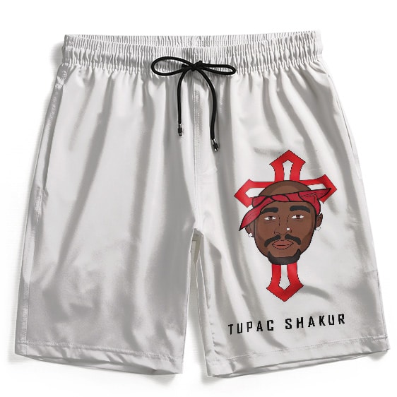 Tupac Shakur Red Bandana Head Cross Logo White Beach Shorts