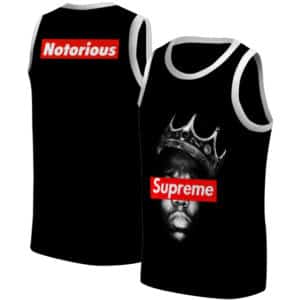 Please write an engaging and compelling description for this product: Badass Crown Notorious B.I.G. Logo Black Basketball Jersey that includes key features in bullet points.