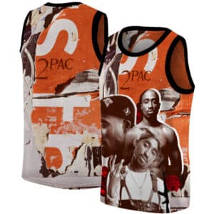 Cool 2Pac Shakur Grunge Collage Art Orange Basketball Jersey