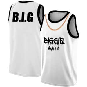 Please write an engaging and compelling description for this product: Cool Biggie Smalls Necklace Design White Basketball Jersey that includes key features in bullet points.