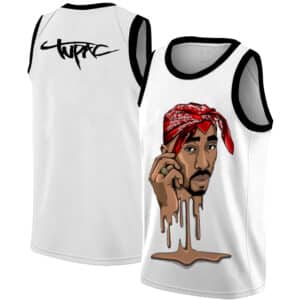 Please write an engaging and compelling description for this product: Dope Tupac Shakur Head Drip Art White Basketball Jersey that includes key features in bullet points.